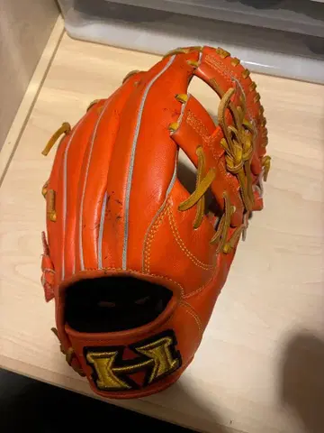 오렌지 컬러 가죽 야구 그로브 Natural Flex 하이골드 미키옥