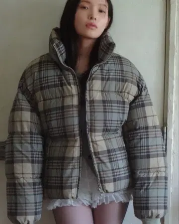 FEKETE 드로스트 숏 에코 다운 자켓/체크/XL