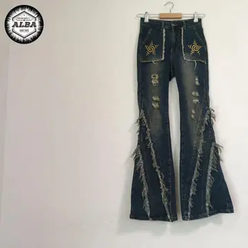 플레어 데님 청바지 부츠컷 자수 프린지 데미지 가공 인디고