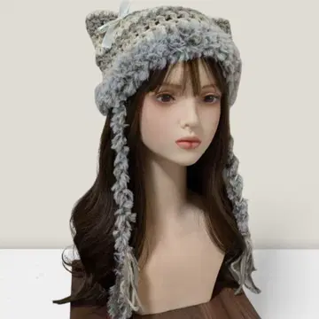 어스 컬러 핸드메이드 고양이 귀 니트 모자 리본 포함 y2k 그런지