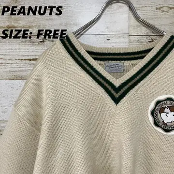 PEANUTS 칠드런 니트 화이트 일본제 V넥 리브라인