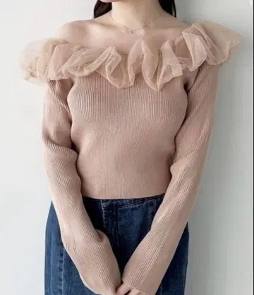 코코딜 튤 프릴 리브 니트 핑크 베이지