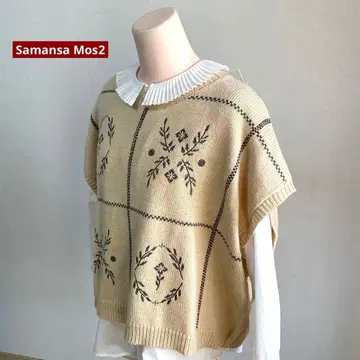 미사용 Samansa Mos2 울 혼방 모티브 자수 니트 베스트
