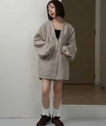 택 포함 새상품급 lawgy 트위드라이크 노카라 자켓 베이지