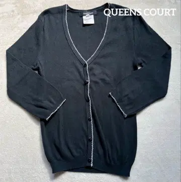 퀸즈 코트 코튼 니트 가디건 V넥 7부 소매 파이핑 비키 M 블랙