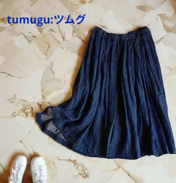 tumugu: 코튼&린넨 데님 이지 개더 플레어 스커트