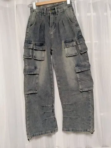 그레이 데미지 가공 데님 카고 팬츠