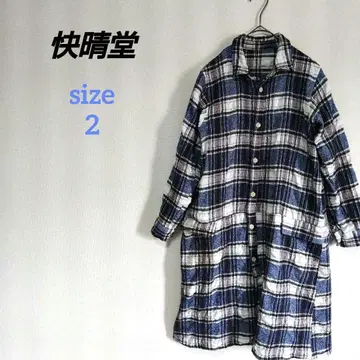 카이세이도 셔츠 원피스 체크 울 코튼 린넨 롱 가디건 파랑