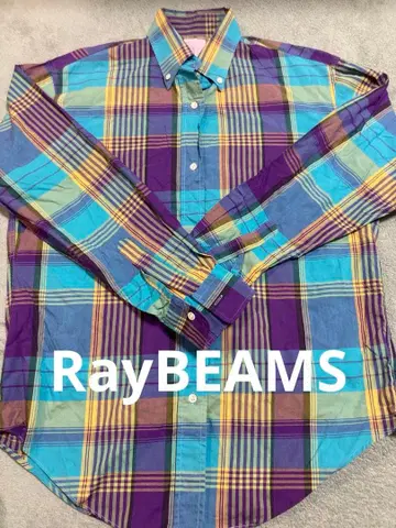 RayBEAMS 긴팔 체크 무늬 셔츠 퍼플 그린 멀티 컬러