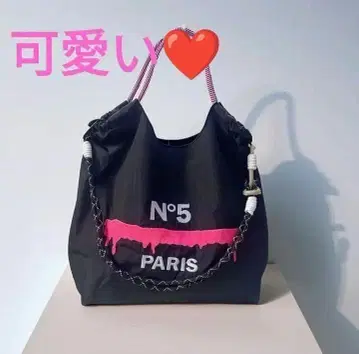 귀여운 M 세련된 자수 토트백 에코백 숄더 스트랩 포함 블랙