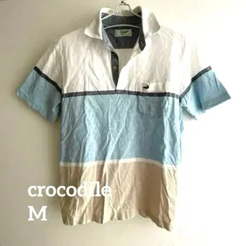 크로커다일 반팔 피케 셔츠 화이트/블루/베이지 M 자수