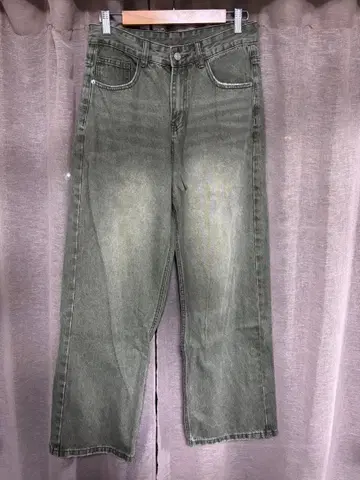 올리브 그린 와이드 레그 데님 팬츠