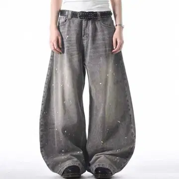 그레이 페인트 가공 와이드 레그 데님 팬츠 배기 데님