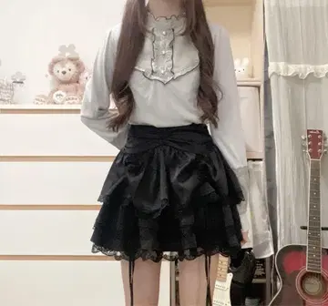 모리걸 페어리 그런지 레트로 반짝이 프릴 레이스 상의