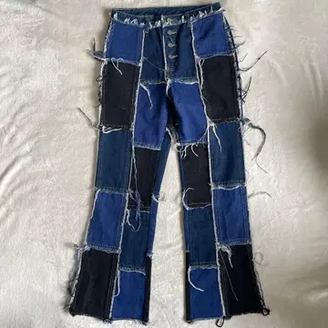 patch work denim flare trousers