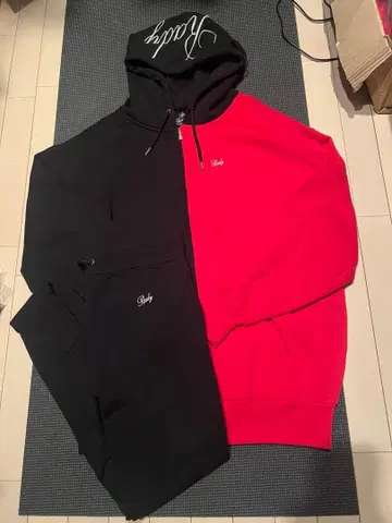 rady 남성용 셋업 바이컬러 빨검 로고 자수 후드티