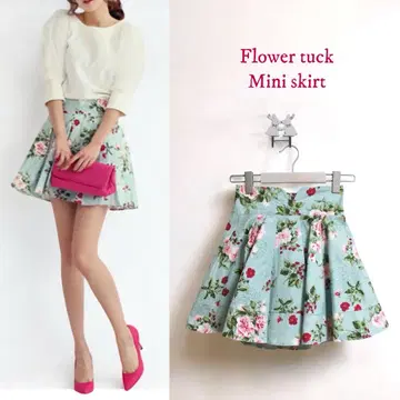 naning9 민트 플라워 턱 미니 스커트