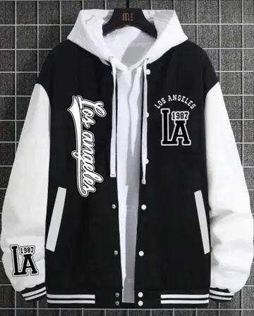 로고 포함 후드 부착 바시티 자켓 블랙과 화이트