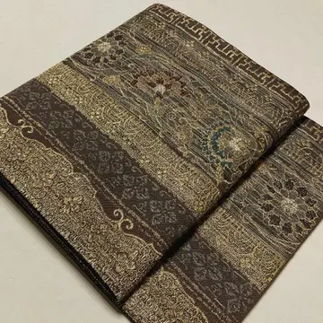 순수 실크 후쿠로 오비 당초꽃 짙은 갈색 바탕 x 금실