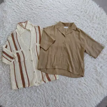 로리즈팜 2세트 코튼 니트 가디건 반팔 오픈 카라 브라운