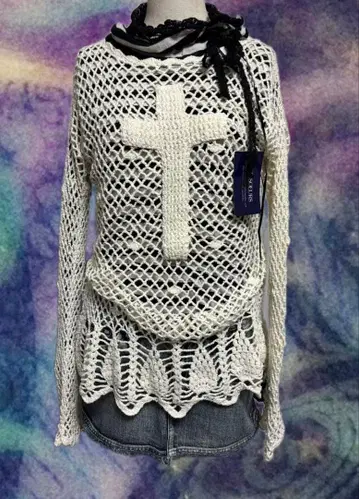 y2k 페어리 그런지 코디 펑크 레이스 편 크로스 모티브 니트