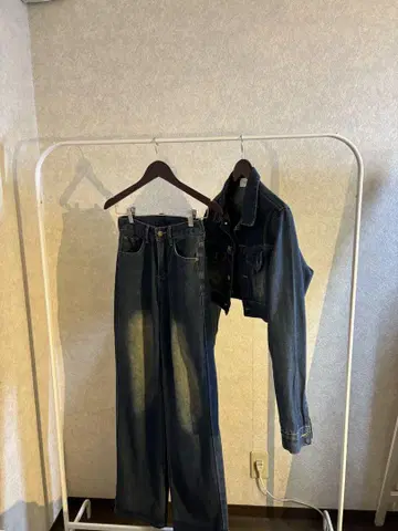 TRIFLE 다크 블루 크롭 데님 자켓 세트