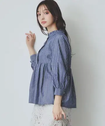 index 프릴 밴드 카라 페플럼 블라우스