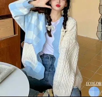 새상품 me Jane 블루 화이트 체크 무늬 가디건 니트 미