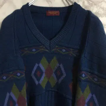 [더스티 컬러] 모 100% 니트 총 패턴 니트 일본제 아가일 블루 L