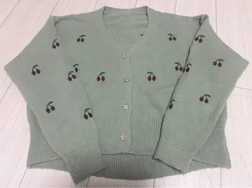 니트 가디건 체리 패턴 그린