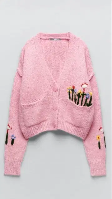 ZARA 핑크 꽃 자수 가디건 니트