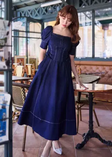 Eze 퍼프 소매 데님 드레스