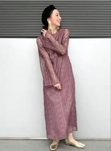 Ungrid 컬러 레이스 플레어 슬리브 원피스 퍼플 FREESIZE