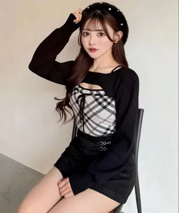 NOMAE 체크 리본 숏 레이어드 니트