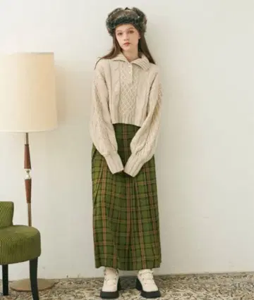 idem 벨티드 플리츠 체크 스커트 그린 S