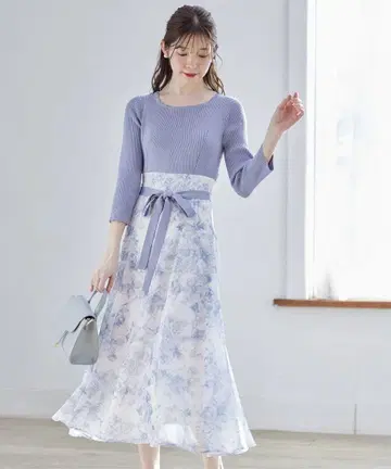 tocco 허리 리본 리브 니트 x 플라워 프린트 도킹 원피스