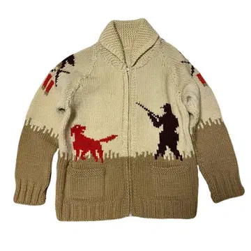 60s 빈티지 구제 의류 카우친 스웨터 니트 사냥 패턴 크라운 지퍼