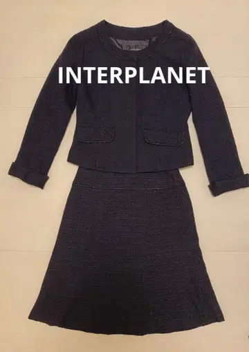 새상품급 인터플래닛 포멀 스커트 수트 트위드 네이비