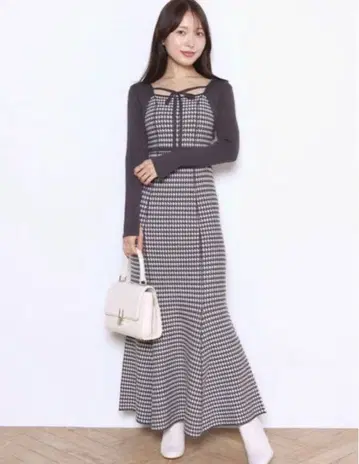 머큐리 듀오 체크 무늬 맥시 원피스 긴팔 M