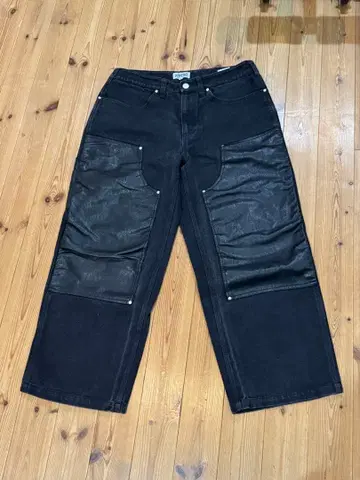 블랙 데님 더블니 가죽 와이드 팬츠