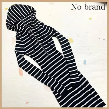 보더 니트 원피스 후드 부착 긴팔 M 블랙 블랙 화이트 여성용