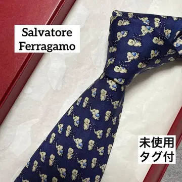 미사용 택 포함 살바토레 페라가모 넥타이 네이비 동물 코끼리 패턴