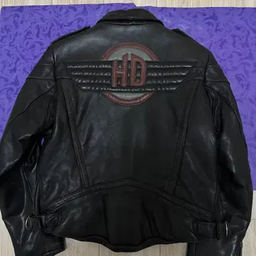 HD 로고 자수 블랙 가죽 라이더 자켓