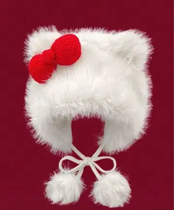 고양이 귀 달린 퍼 햇 빨간색 리본