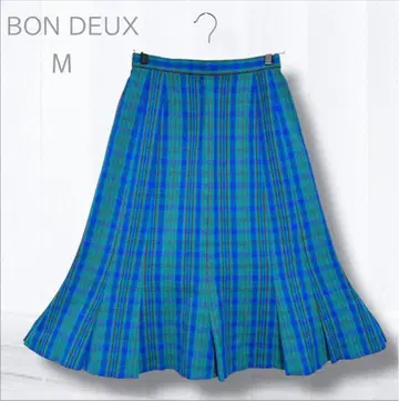 본듀 밑단 플레어 스커트 M 청록색 체크 플리츠 가공 M