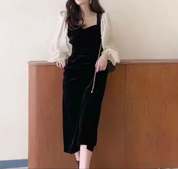 블랙 벨벳 긴팔 포멀 드레스