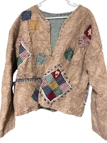 구제 의류 베이지 패치워크 곰돌이 아우터