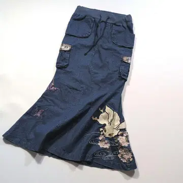[ 레어 ] 카라쿠리타마시 치키리야 데님 롱 스커트 머메이드 자수 나비
