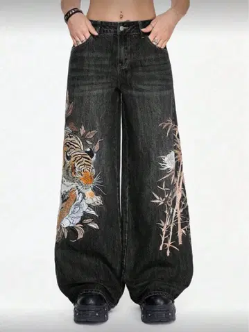 호랑이 자수 다크 데님 와이드 레그 팬츠