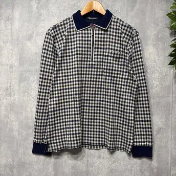 새상품급 Aquascutum 긴팔 피케 셔츠 베이지 체크 하프 지퍼 L